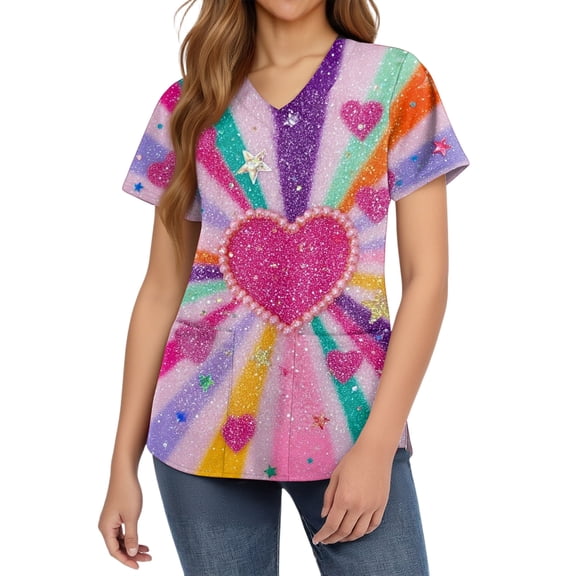 Valentine's Day Womens Scrub Top Cute Glitter Heart Printed V-Neck Short Sleeve Scrub Top Valentine's Day Caregiver T Shirts