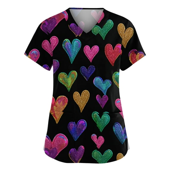Valentine's Day Womens Scrub Top Cute Heart Print Short Sleeve Nurse Working Uniforms Valentine's Day Cartoon Pattern Scrub Tops with Pockets