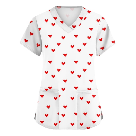 Valentine's Day Womens Scrub Top Cute Heart Print Short Sleeve Nurse Working Uniforms Valentine's Day Stretch Nursing Medical Scrubs T Shirts with Pockets