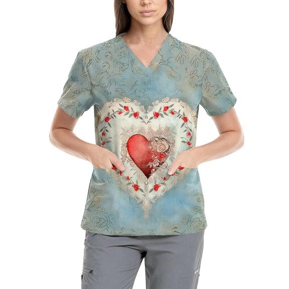 Valentine's Day Womens Scrub Top Funny Love Heart Printed V-Neck Medical Shirt Tops Valentine's Day Cartoon Pattern Scrub Tops with Pockets