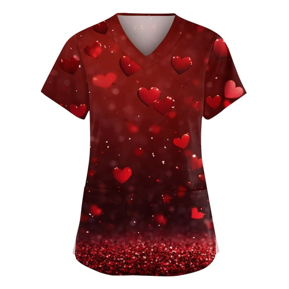 Valentine's Day Womens Scrub Top Love Heart Printed Plus Size Scrubs Short Sleeve V-Neck Working Uniform Valentine's Day Cartoon Pattern Scrub Tops with Pockets