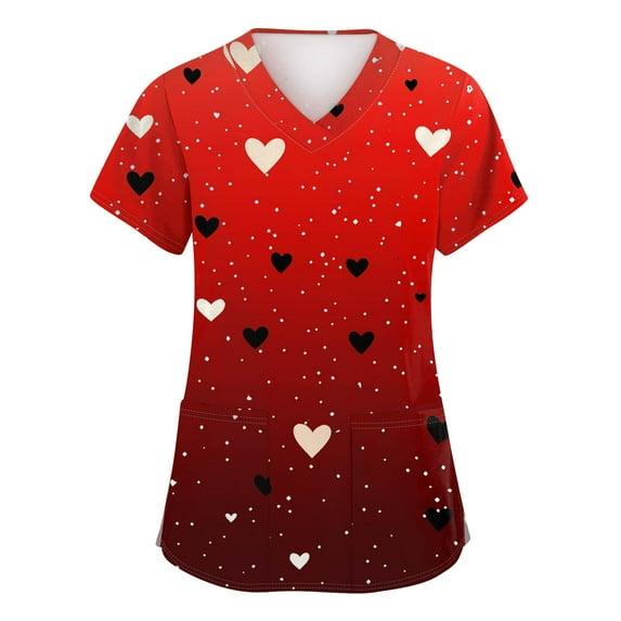 Valentine's Day Womens Scrub Top Short Sleeve V Neck Heart Print Shirts Nursing Working Uniform Valentine's Day Cartoon Pattern Scrub Tops with Pockets