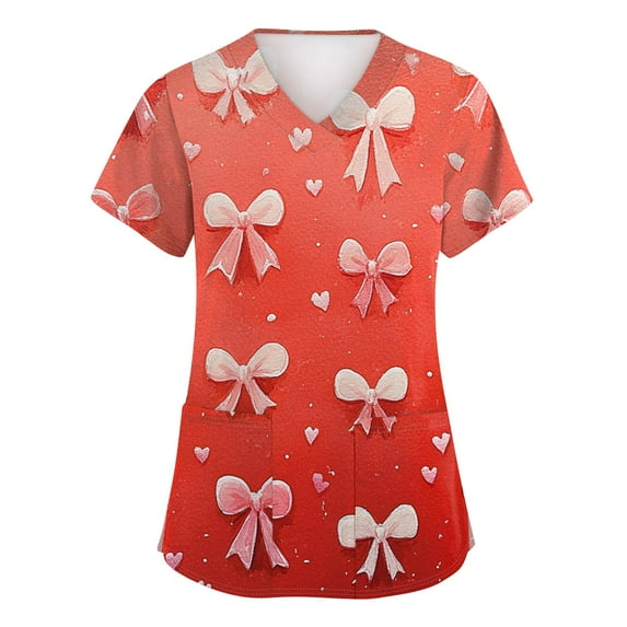 Valentine's Day Womens Scrub Top Short Sleeve V Neck Heart Print Shirts Nursing Working Uniform Valentine's Day Cartoon Pattern Scrub Tops with Pockets