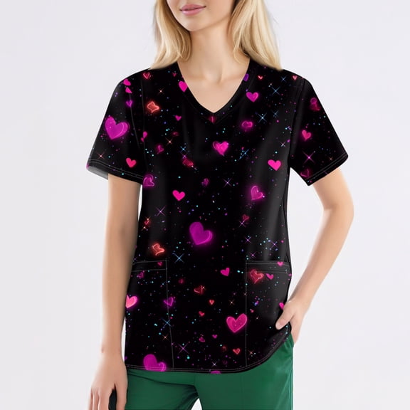 Valentine's Day Womens Scrub Top Stretchy Vneck Short Sleeve Cute Heart Printed Shirts Valentine's Day Scrubs Tops Split Hem Working Nurse Uniforms with Pockets