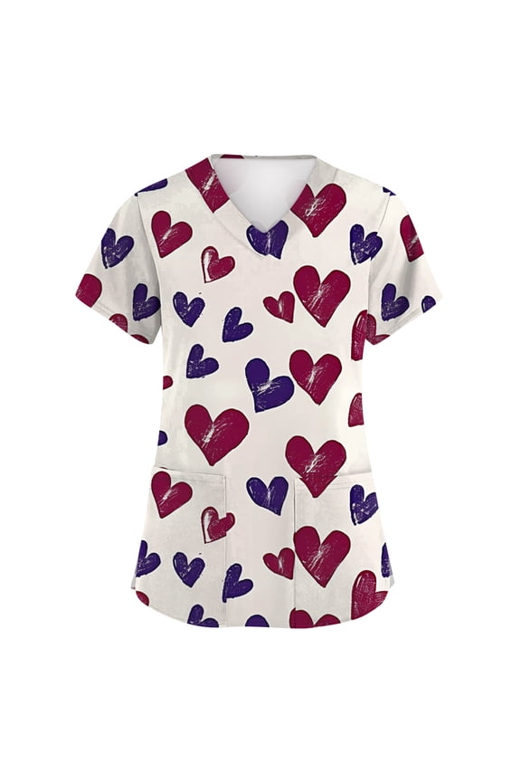 Valentine's Day Womens Scrub Top V Neck Cute Heart Printed Scrub Tops Valentine's Day Scrub Tops Working Uniforms with Pockets
