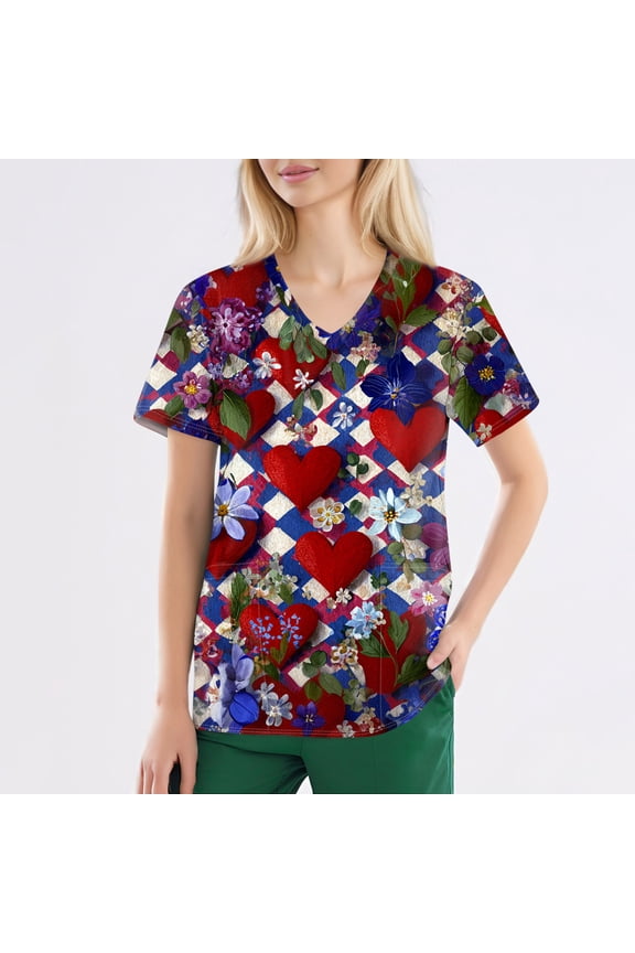 Valentine's Day Womens Scrub Top V Neck Cute Heart Printed Scrub Tops Valentine's Day Scrubs Tops Working Nurse Uniforms with Pockets