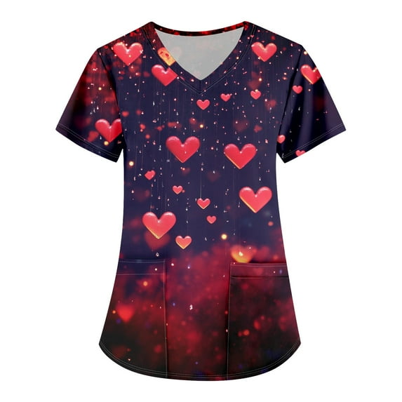 Valentines Day Nursing Uniforms Shirts Women Love Heart Printed V Neck Breathable Scrub Tops Short Sleeve Professionals Soft Stretch T-Shirts with Pockets red Large