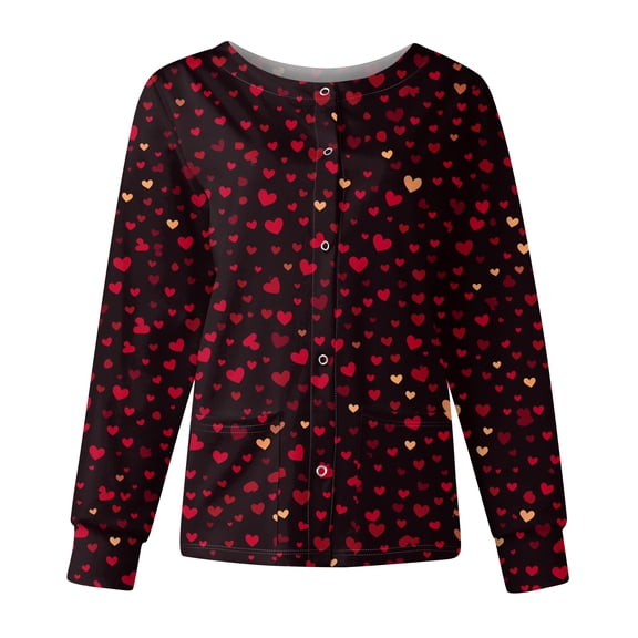 Valentine's Day Womens Scrubs Jacket Funny Love Heart Printed Snap Front Long Sleeve Working Jacket Working Uniforms with Pockets 2026