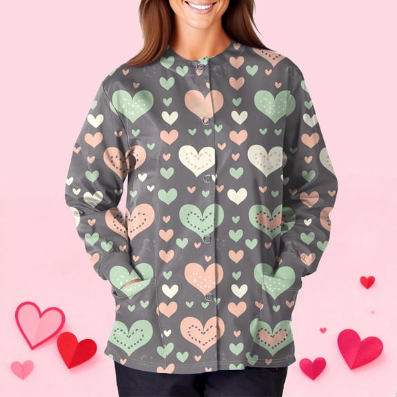 Valentine's Day Womens Scrubs Jacket Long Sleeve Snap Front Valentine Love Heart Printed Jacket Working Uniforms with Pockets 2026