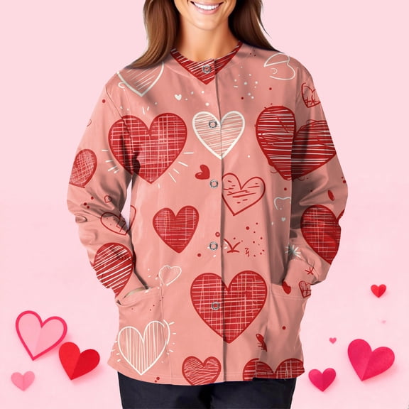 Valentine's Day Womens Scrubs Jacket Snap Front Cute Love Heart Graphic Long Sleeve Scrubs Jacket Nursing Uniform Shirts with Pockets