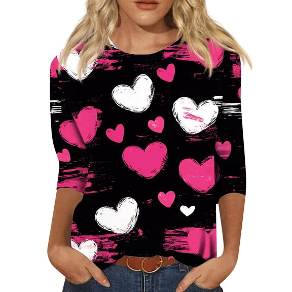 Valentine's Day Womens Shirts Crew Neck Letter Printed Tops Lovely Heart 3/4 Sleeve Plus Size Funny Tees Love You Patterned Cure Graphtic Pink Red T-shirts Black L