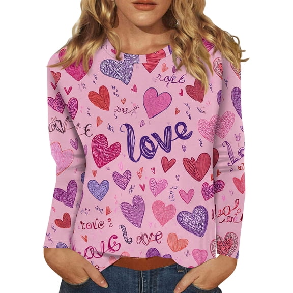 Valentine's Day Womens Shirts Long Sleeve Plus Size Lovely Heart Tops Graphtic Pink Red Crew Neck Casual T-shirts Love You Patterned Anniversary Letter Printed Blouses Purple Pink S