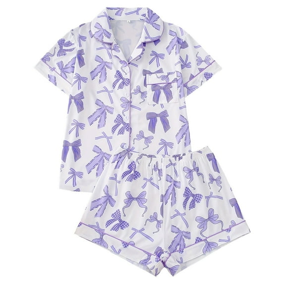 Valentine's Day Womens Short Sleeve Pajama With Bow Print Collar Soft Sleepwear Shorts Comfortable Wear