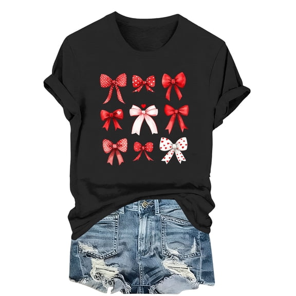 Valentine's Day Womens T-Shirt Black Bow Print Short Sleeve Soft Stretch Crewneck Casual Top for Date Night S-3XL,Size S