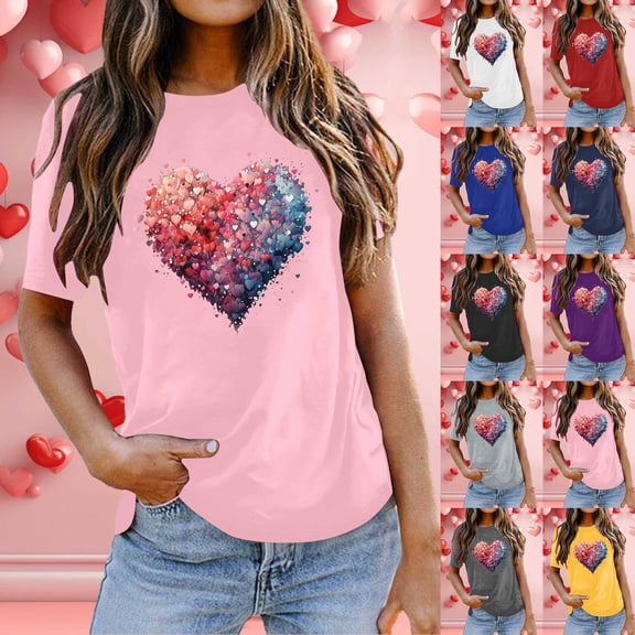 Valentine's Day Womens T Shirt Cute Graphic Heart Printed Casual Crew Neck Short Sleeve Tops Pullover Comfortable Loose T-Shirts for Women Blue M
