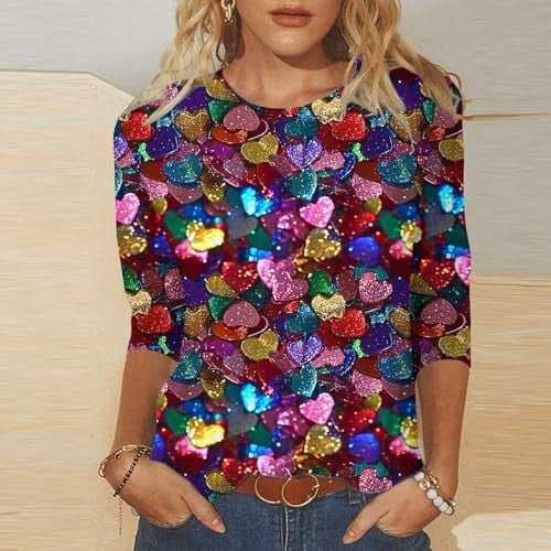 Valentine's Day Womens T Shirt Cute Graphic Stylish Print Crew Neck 3/4 Sleeve Casual Top Comfortable Pullover Soft Loose T-Shirts for Women Purple XL