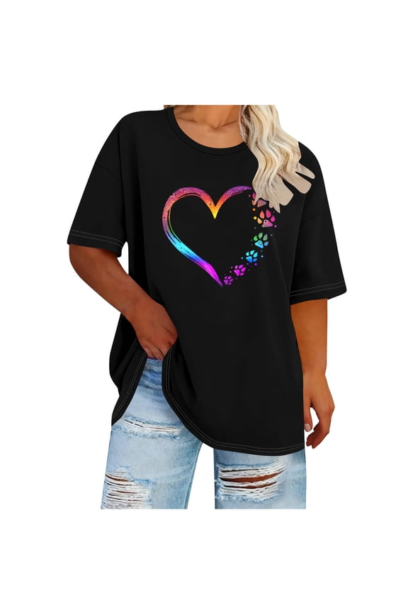 Valentine's Day Womens T-Shirt Oversized Rainbow Heart Paw Print Pet Lover Casual Shirt Lounge Top Black,Size XL