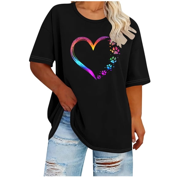 Valentine's Day Womens T-Shirt Oversized Rainbow Heart Paw Print Pet Lover Casual Shirt Lounge Top Black,Size XL