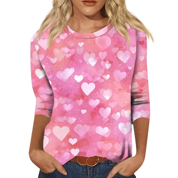 Valentine's Day Womens Tops Crew Neck Graphtic Pink Red Shirts Love You Patterned 3/4 Sleeve Plus Size Spring T-shirts Lovely Heart Ladies Letter Printed Tees Light pink L