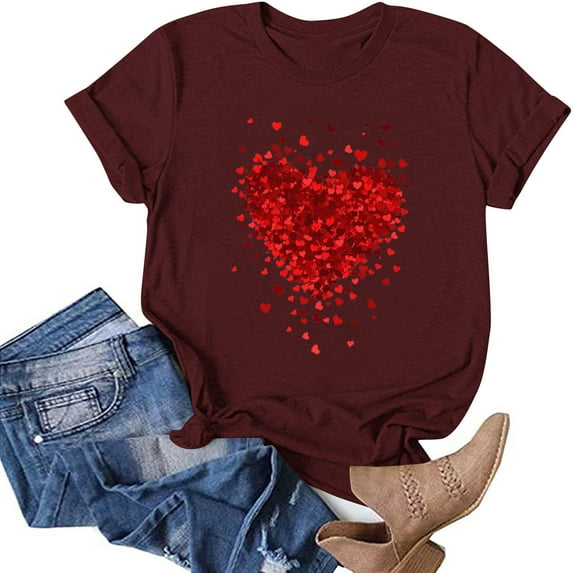 Valentine's Day Womens Tops Short Sleeve Shirts Round Neck Loose Casual Blouses Heart Print Tshirts Wine S