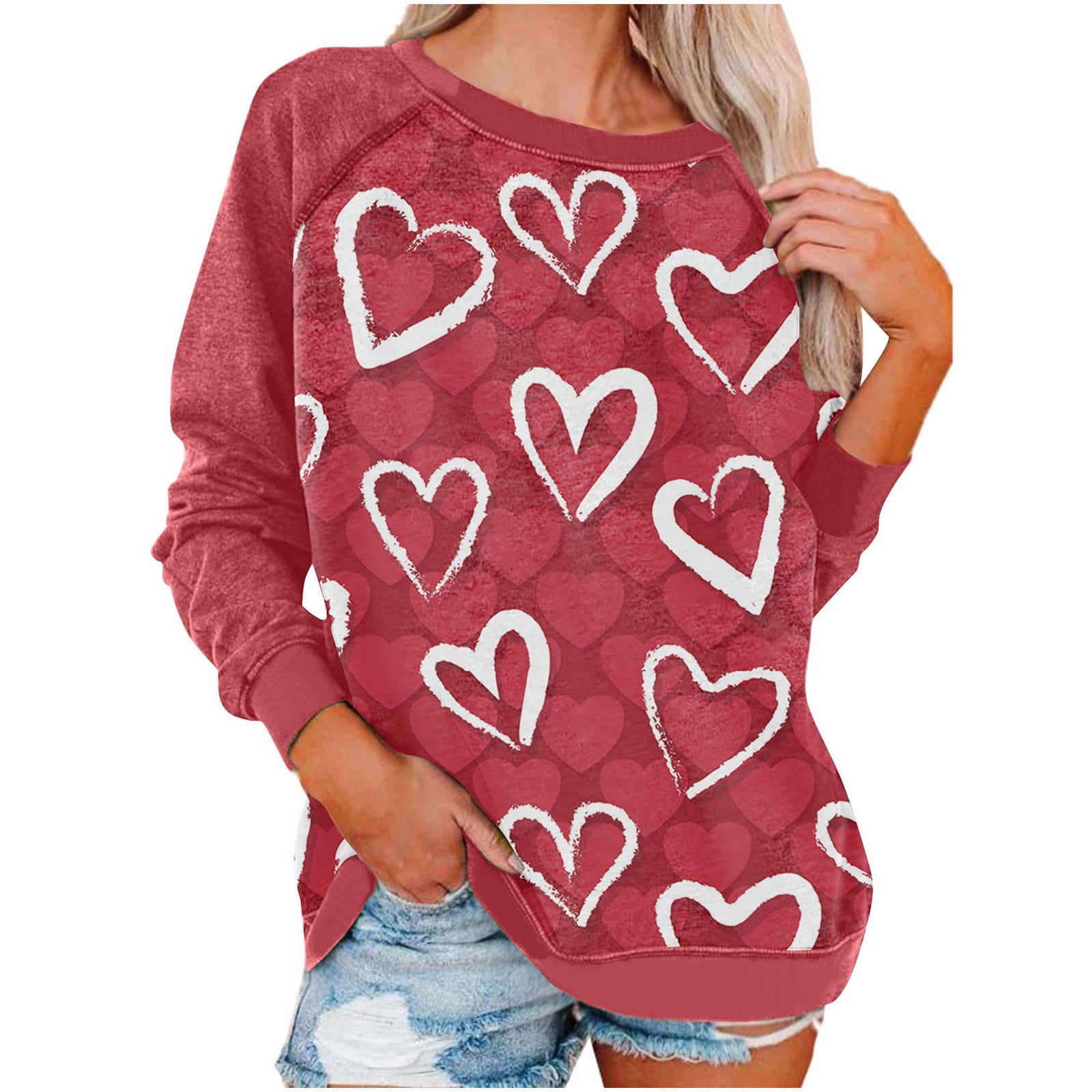 Valentines Day Shirts Womens Plus Size Long Sleeve Casual Tunic Tops  Crewneck Cute Love Heart Print Loose Pullover（White,XXXL) 