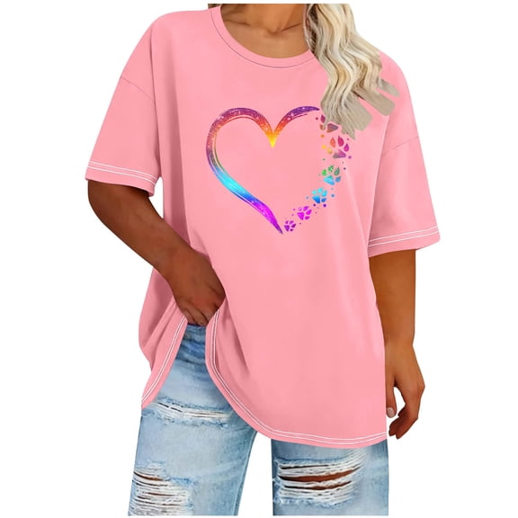 Valentine's Day Womens Tshirt Oversized Rainbow Heart Paw Print Pet Lover Top, Plus Size Casual Lounge Shirt for Women Pink,Size 2XL