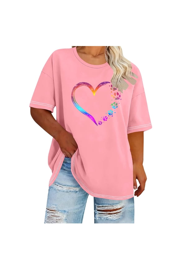 Valentine's Day Womens Tshirt Oversized Rainbow Heart Paw Print Pet Lover Top, Plus Size Casual Lounge Shirt for Women Pink,Size 2XL