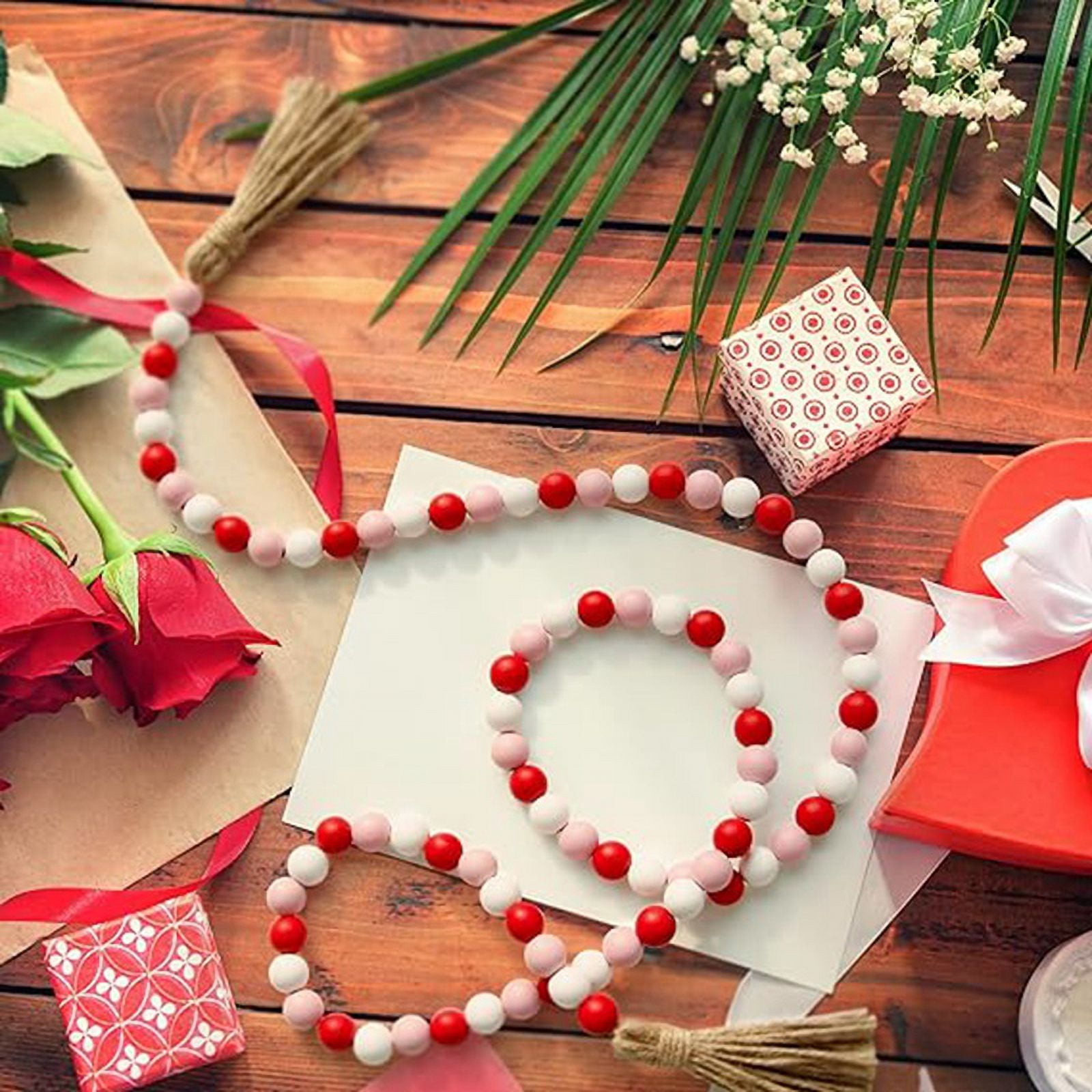 Valentine's Day Wood Bead Garland with Tassel, Rustic Wooden Bead Decor Farmhouse wood1429