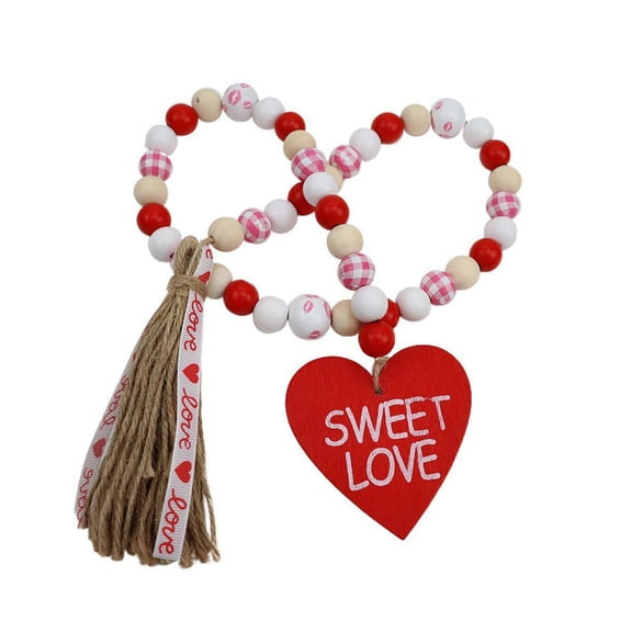 Valentine‘s Day Wood Bead Garland with Tassels Love Beads Garland Tiered Tray Decorations Wall Hanging Decor
