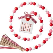 Valentine's Day Wood Beads Garland with Tassels, 41.2 inches Rustic Red Pink White Wood Bead Garland with Jute Rope Plaid Love Tag Farmhouse Wood Beads, Tiered Tray Décor for Valentine's Day