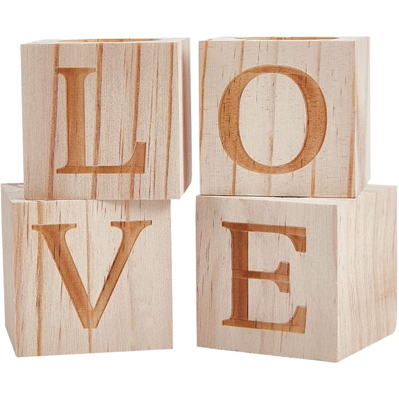 Valentine's Day Wood Candle Holder Candlestick Engraved with Word Love Wooden Candlestick with Candle Wick for Home Decor Party Birthday Holiday Decoration Bisque