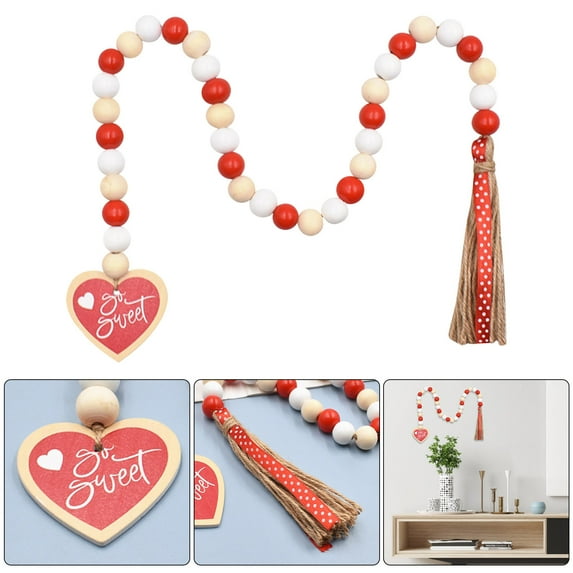 Valentine's Day Wooden Bead Tassel - Ki-d-Safe Shatterproof Rope Hanging Ornament, Rustic Home Holiday Decor