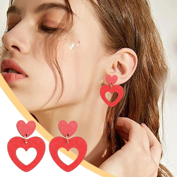 Valentine's Day Wooden Earrings - Heart Shaped Hollow Out Dangle Earrings for Women Lightweight Red Jewelry 5.5x3.5cm 1 Pair