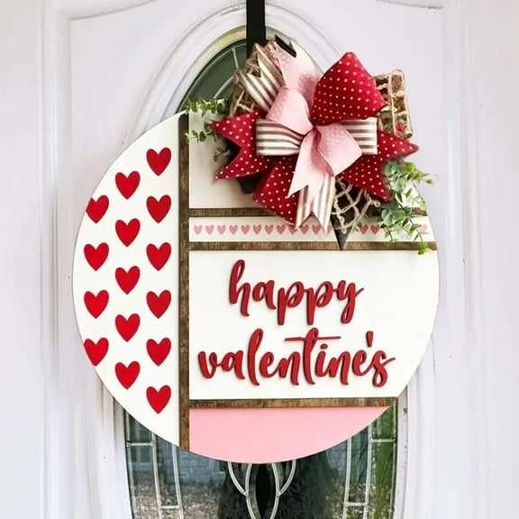 Valentine's Day Wooden Hanging Sign,Round Red Heart Valentines Day Decor Front Door Sign with Ribbon Bow for Valentine's Day Front Door Wall Rustic Farmhouse Porch Decorations