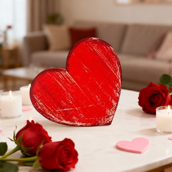 Valentine’s Day Wooden Table Sign, Red Heart Shaped Rustic Centerpiece Decor for Farmhouse Tables, Layered Tray, or Mantel Valentine’s Decorations