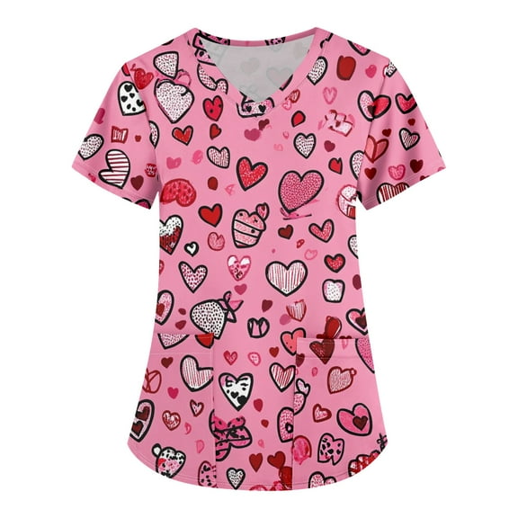 Valentines Day Nurse Uniforms for Women Summer Love Heart Printed V-Neck Breathable Workwear Shirt Short Sleeve Professionals Soft Stretch Scrub Tops with Pockets hot pink Large