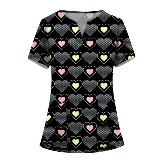 Valentines Day Womens Scrub Tops Love Heart Printed V-Neck Breathable Scrub Tops Short Sleeve Professionals Soft Stretch T-Shirts with Pockets (Dark gray)