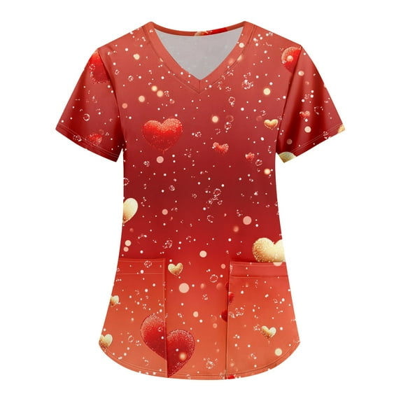 Valentines Day Women's Nurse Uniforms Summer Love Heart Printed V-Neck Breathable T-Shirts Short Sleeve Professionals Soft Stretch Scrub Tops with Pockets 5X-Large