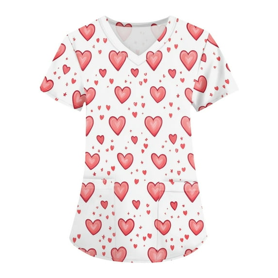 Valentine's Day Working Uniform Shirts for Women Love Heart Printed V-Neck Breathable Workwear Shirt Short Sleeve Professionals Soft Stretch Scrub Tops with Pockets white XX-Large
