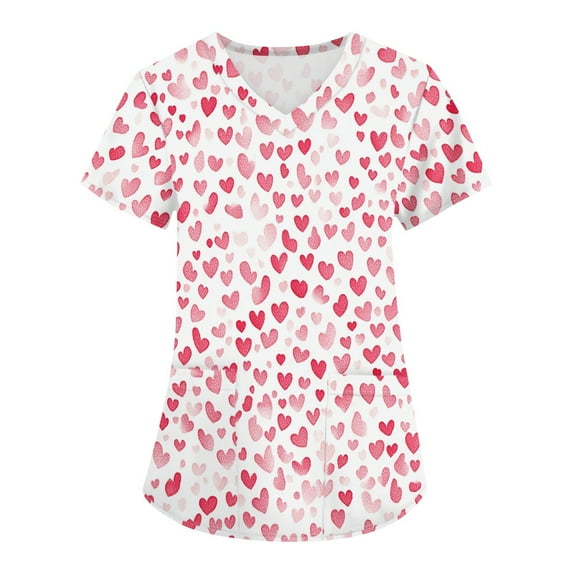 Valentine's Day Working Uniform Shirts for Women Love Heart Printed V-Neck Breathable Workwear Shirt Short Sleeve Professionals Soft Stretch T-Shirts with Pockets multicolor Medium