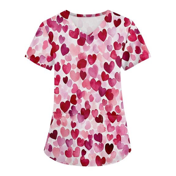 Valentine's Day Working Uniform for Women Love Heart Printed V-Neck Breathable Scrub Tops Short Sleeve Professionals Soft Stretch T-Shirts with Pockets hot pink 5X-Large