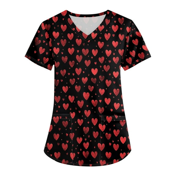 Valentine's Day Working Uniform for Women Love Heart Printed V-Neck Breathable T-Shirts Short Sleeve Professionals Soft Stretch Scrub Tops with Pockets black X-Large