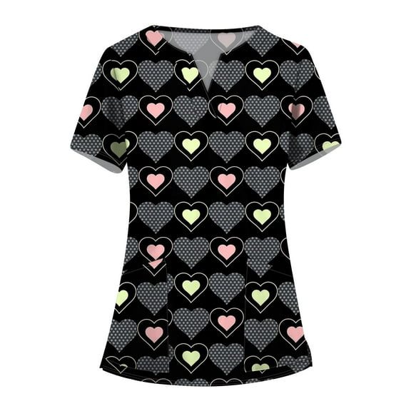 Valentine's Day Working Uniform for Women Love Heart Printed V Neck Breathable Workwear Shirt Short Sleeve Professionals Soft Stretch Scrub Tops with Pockets (Dark gray)