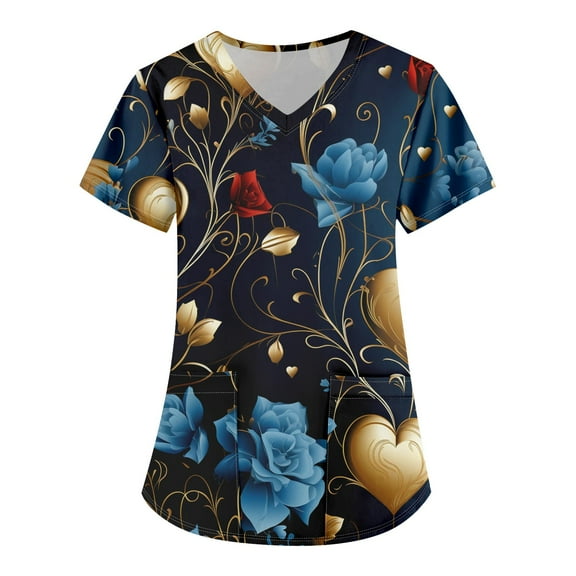 Valentine's Day Print Nursing Uniforms for Women Love Heart Printed V-Neck Breathable Workwear Shirt Short Sleeve Professionals Soft Stretch T-Shirts with Pockets blue 4X-Large