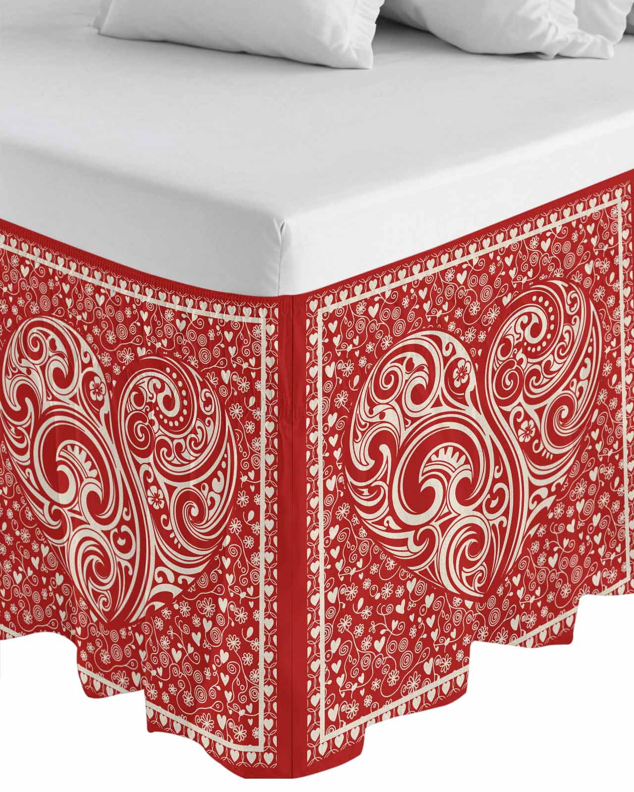 Valentine's Day Wrap Around Bed Skirts for California King Bed 16" Drop,Bed Skirt with Adjustable Elastic Belt Dust Ruffle Bed Valance Red Love Vintage Country Abstract Art Bed Frame Cover