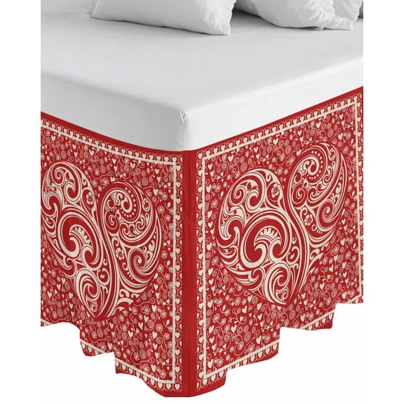 Valentine's Day Wrap Around Bed Skirts for California King Bed 16" Drop,Bed Skirt with Adjustable Elastic Belt Dust Ruffle Bed Valance Red Love Vintage Country Abstract Art Bed Frame Cover