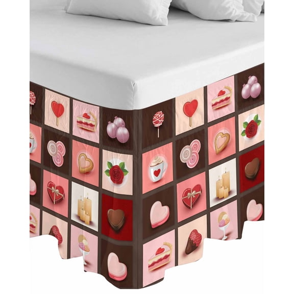 Valentine's Day Wrap Around Bed Skirts for Queen Bed 16" Drop, Bed Skirt with Adjustable Elastic Belt Dust Ruffle Bed Valance for Bedroom Hotel Luxury Love Heart Chocolate Rose Plaid Bed Frame Cover