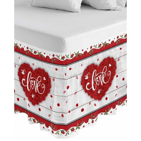 Valentine's Day Wrap Around Bed Skirts for Queen Bed 16" Drop,Bed Skirt with Adjustable Elastic Belt Dust Ruffle Bed Valance for Bedroom Hotel Red Love Heart Roses Romantic Wooden Bed Frame Cover
