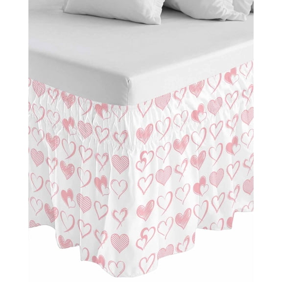 Valentine's Day Wrap Around Bed Skirts for Queen Bed 18" Drop,Bed Skirt with Adjustable Elastic Belt Dust Ruffle Bed Valance for Bedroom Hotel Valentines Pink Love Heart Romantic Bed Frame Cover