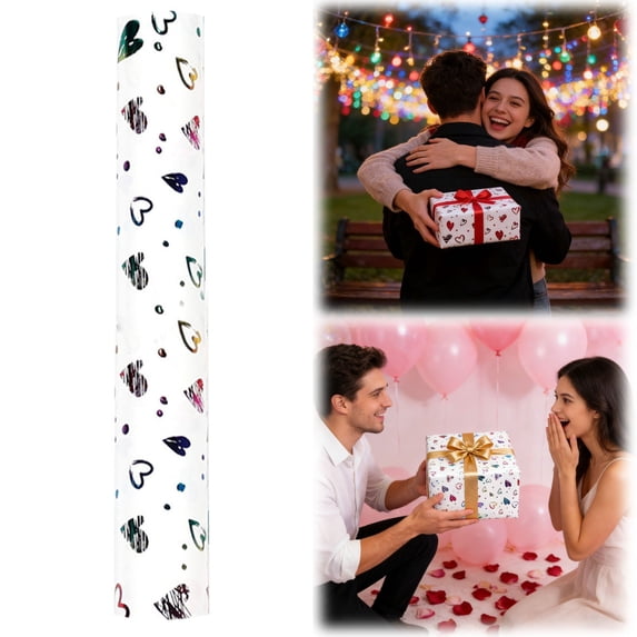 Valentine's Day Wrapping Paper, Heart Wrapping Paper Roll, Reversible Foil Embossed Love Heart Design, Birthday Gift Wrapping Paper, 17*118 in
